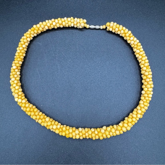 Vintage Yellow Beaded Crochet Collar Necklace 16in with Barrel Clasp - Picture 1 of 7
